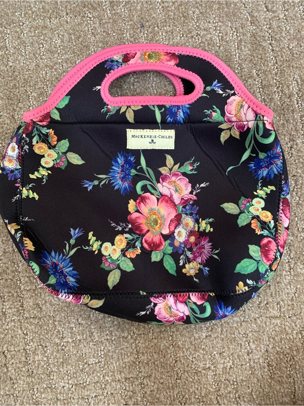 MacKenzie-Childs Black Floral Neoprene Lunch Tote with Pink Trim